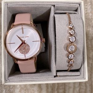 Micheal Kors Portia Rose Gold/ Crystal Pink Watch Slider Bracelet Set